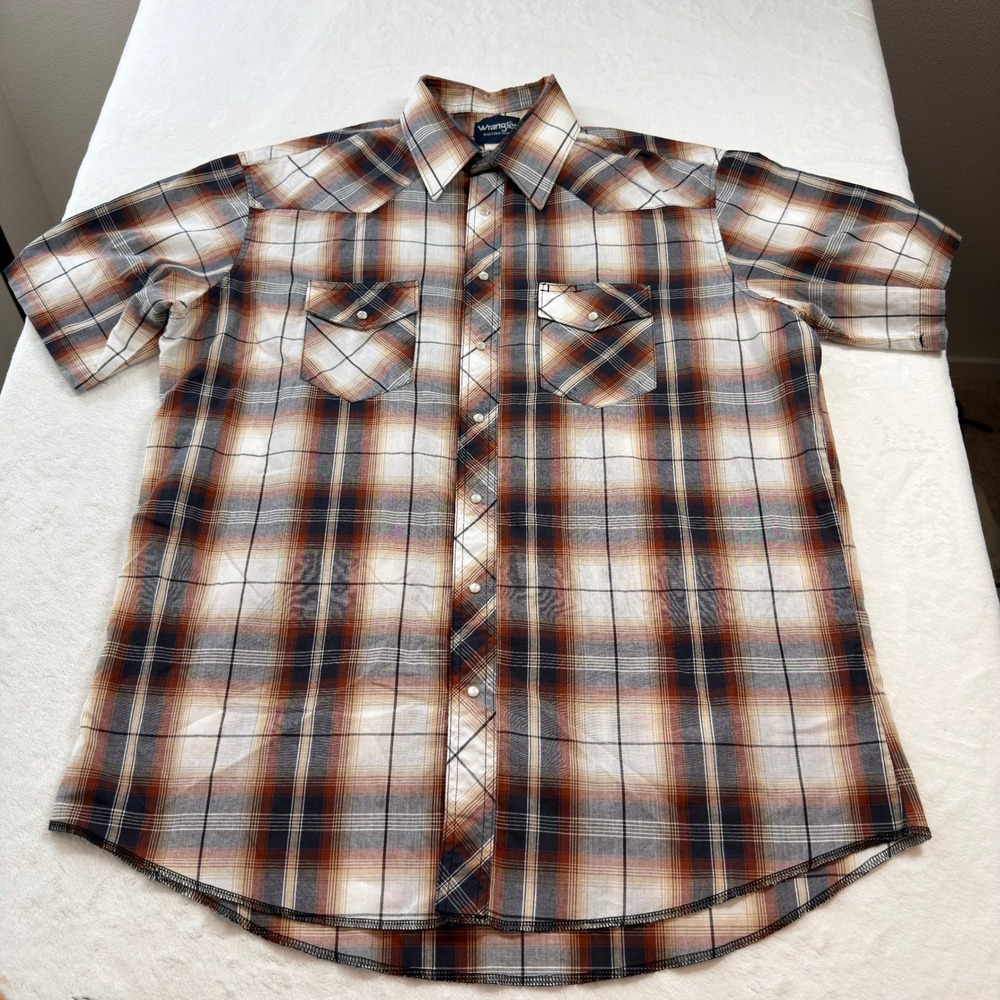 Wrangler Western Shirt Mens 17.5 XL Brown Plaid Good Pearl Snap Short Sleeve - Picture 2 of 9